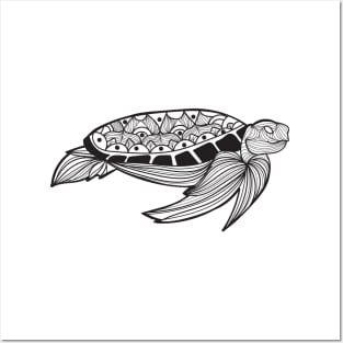 Fiery Fierce Beautiful Turtle Paddling Swim Mandala Black and White Brave Warrior Posters and Art